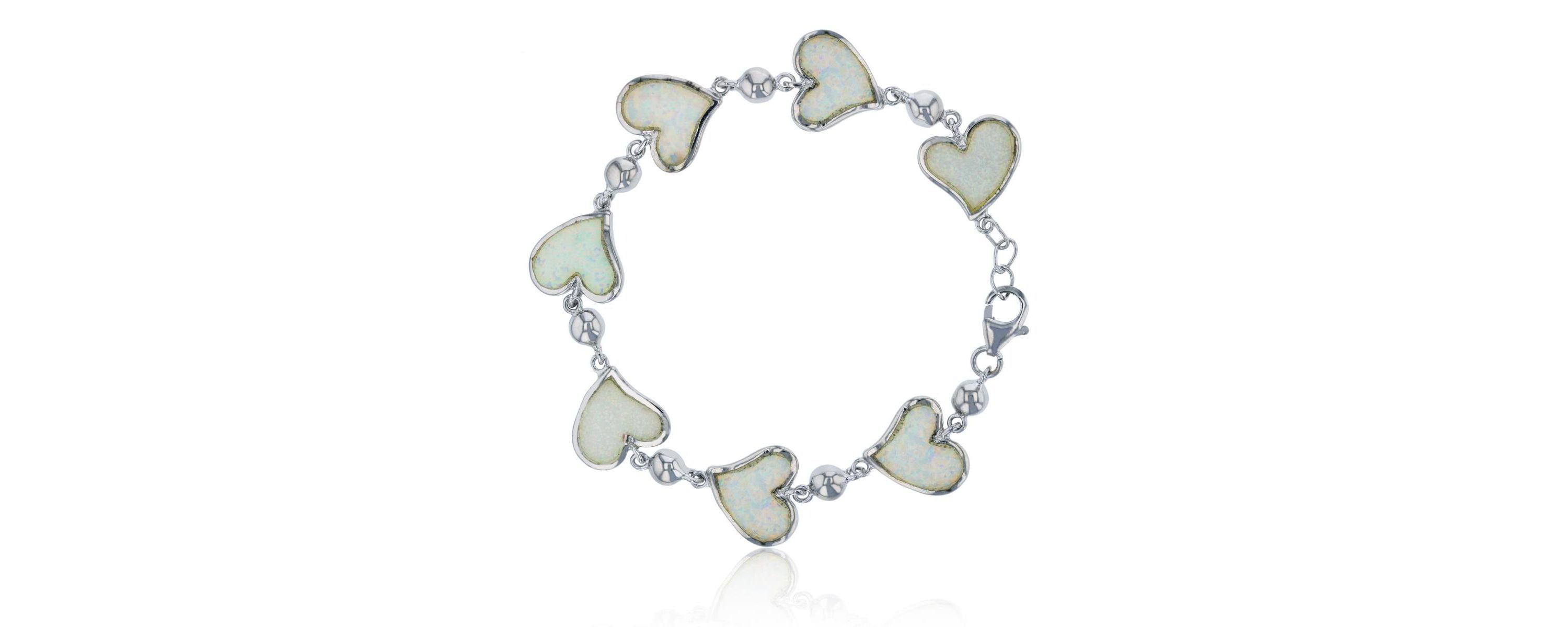 Lab Created Sterling Silver Rhodium Created White Opal Hearts 8" Bracelet