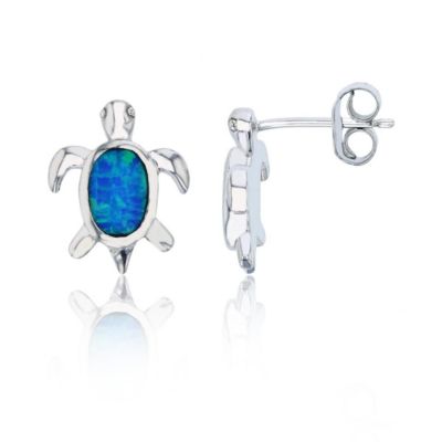 Bijoux Du Soleil Lab Created Sterling Silver Rhodium 11x13mm Created Blue Opal Turtle Stud Earring
