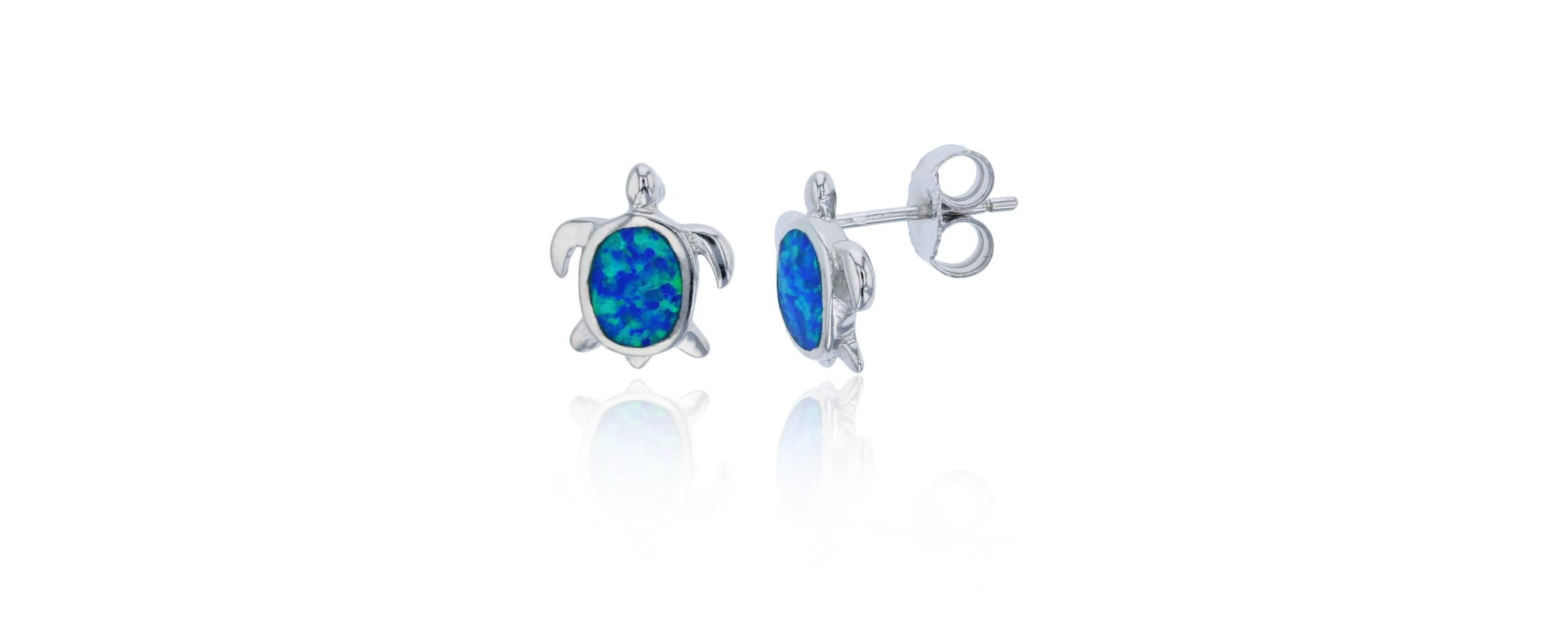 Lab Created Sterling Silver Rhodium 10x11mm Created Blue Opal Turtle Stud Earring