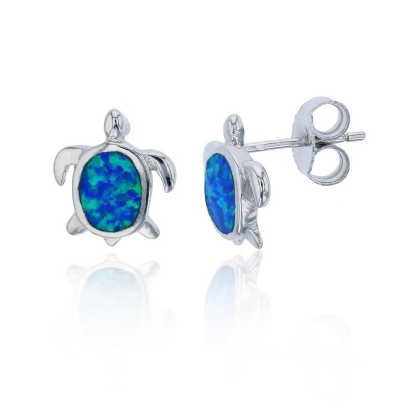 Lab Created Sterling Silver Rhodium 10x11mm Created Blue Opal Turtle Stud Earring