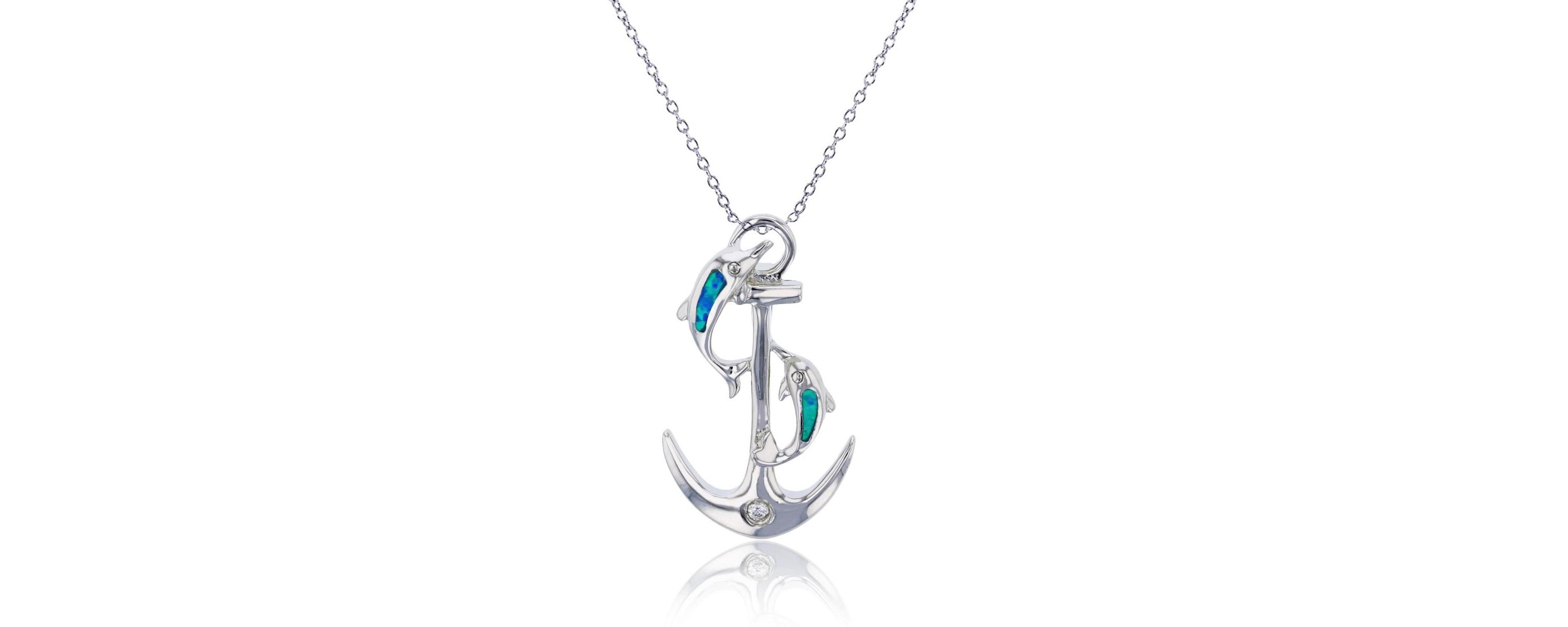 Lab Created Sterling Silver Rhodium Created Blue Opal & White CZ Dolphins and Anchor 18" Necklace