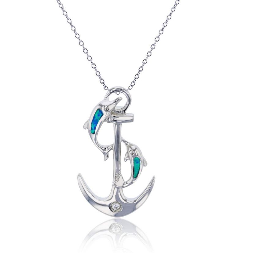 Lab Created Sterling Silver Rhodium Created Blue Opal & White CZ Dolphins and Anchor 18" Necklace