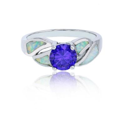 Bijoux Du Soleil Lab Created Sterling Silver Rhodium Amethyst Round Cut CZ & Created White Opal Split Sides Fashion Ring, 7