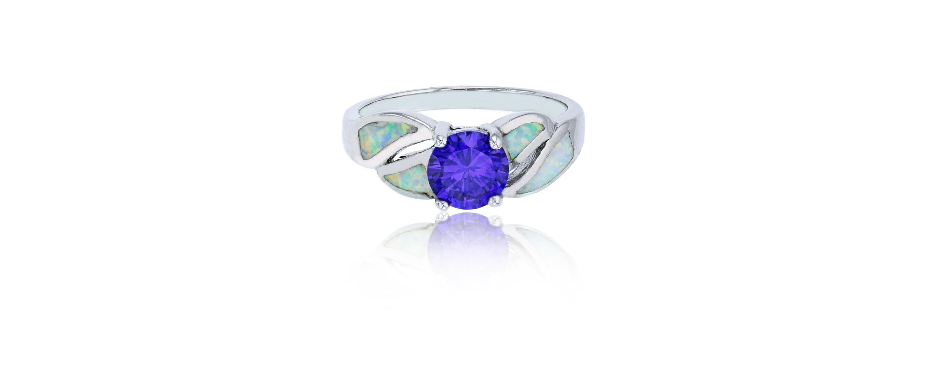 Lab Created Sterling Silver Rhodium Amethyst Round Cut CZ & Created White Opal Split Sides Fashion Ring