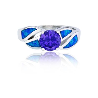 Bijoux Du Soleil Lab Created Sterling Silver Rhodium Amethyst Round Cut CZ & Created Blue Opal Split Sides Fashion Ring, 7