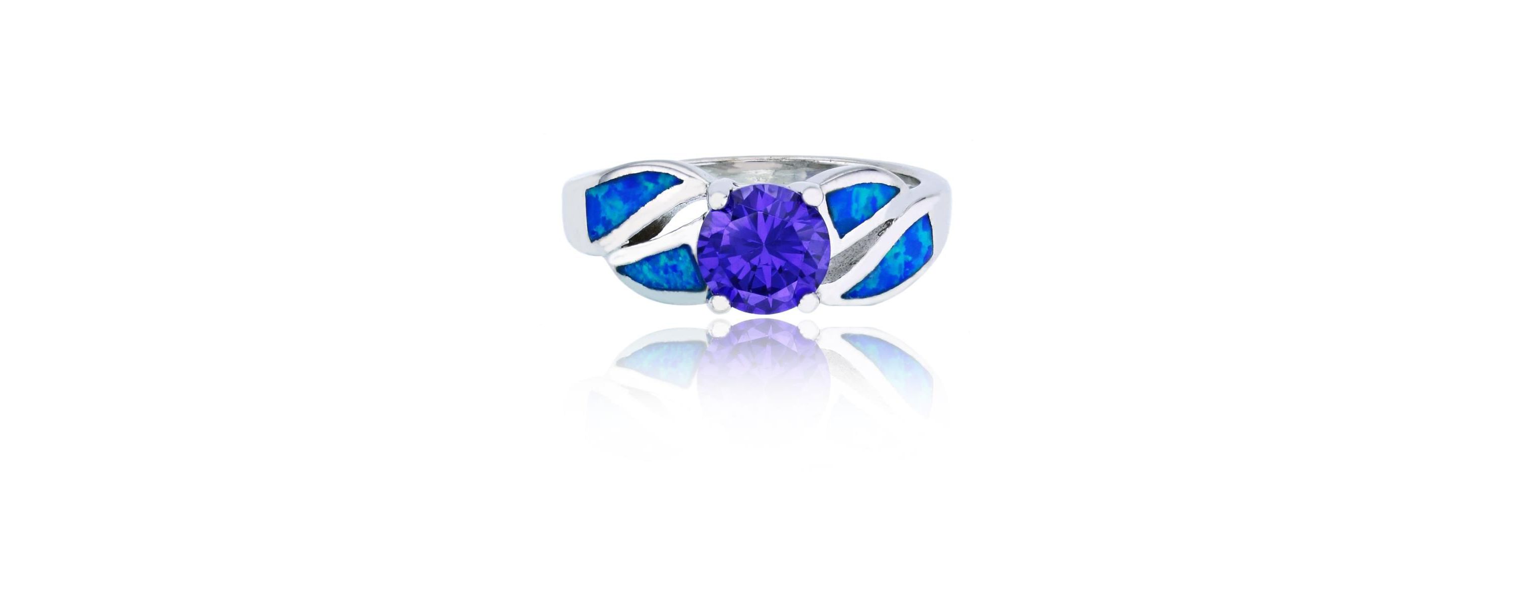 Lab Created Sterling Silver Rhodium Amethyst Round Cut CZ & Created Blue Opal Split Sides Fashion Ring