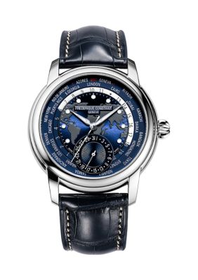 Frederique Constant Men's Swiss Automatic Classic Worldtimer Manufacture Blue Alligator Leather Strap Watch