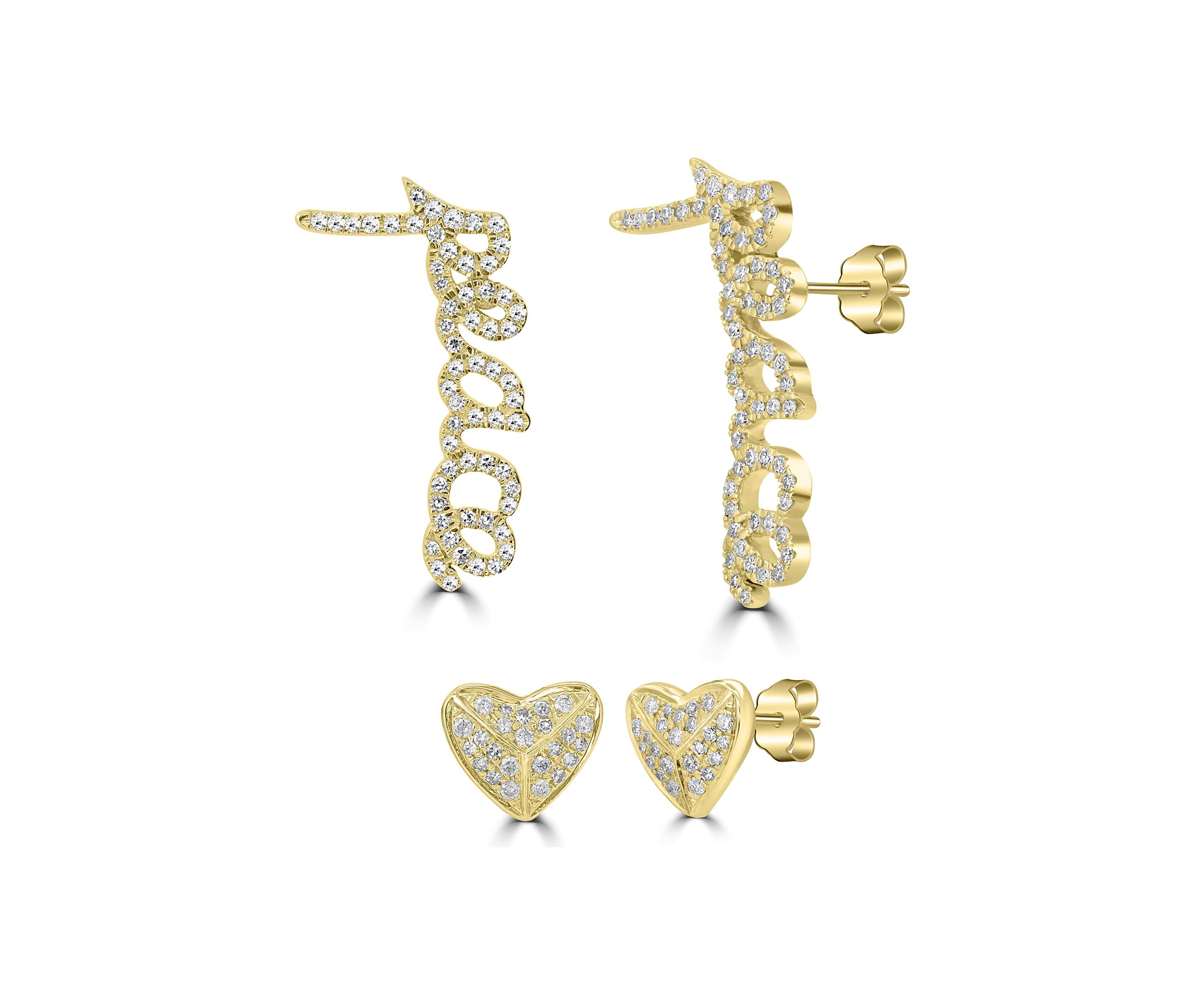 1/4 ct. t.w. Diamond Heart and "Peace" Mismatched Stud Earrings in 14K Yellow Gold