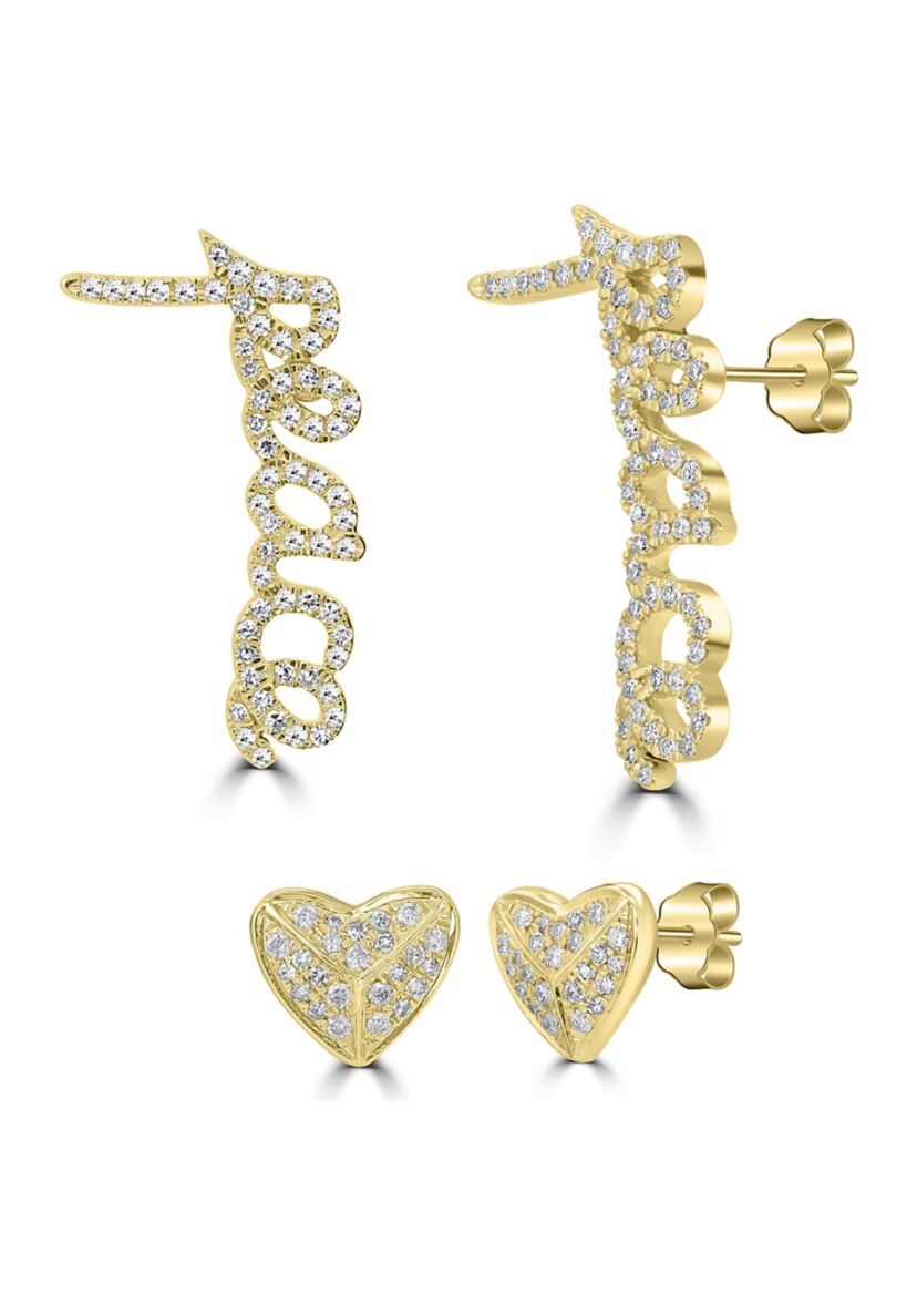 1/4 ct. t.w. Diamond Heart and "Peace" Mismatched Stud Earrings in 14K Yellow Gold