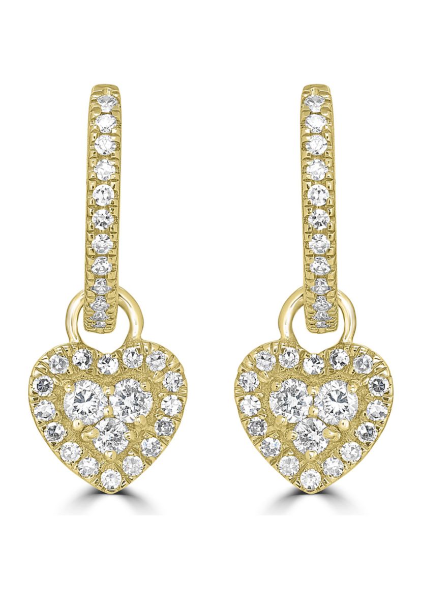 3/8 ct. t.w. Diamond Heart Charm Hoop Earrings in 14K Yellow Gold