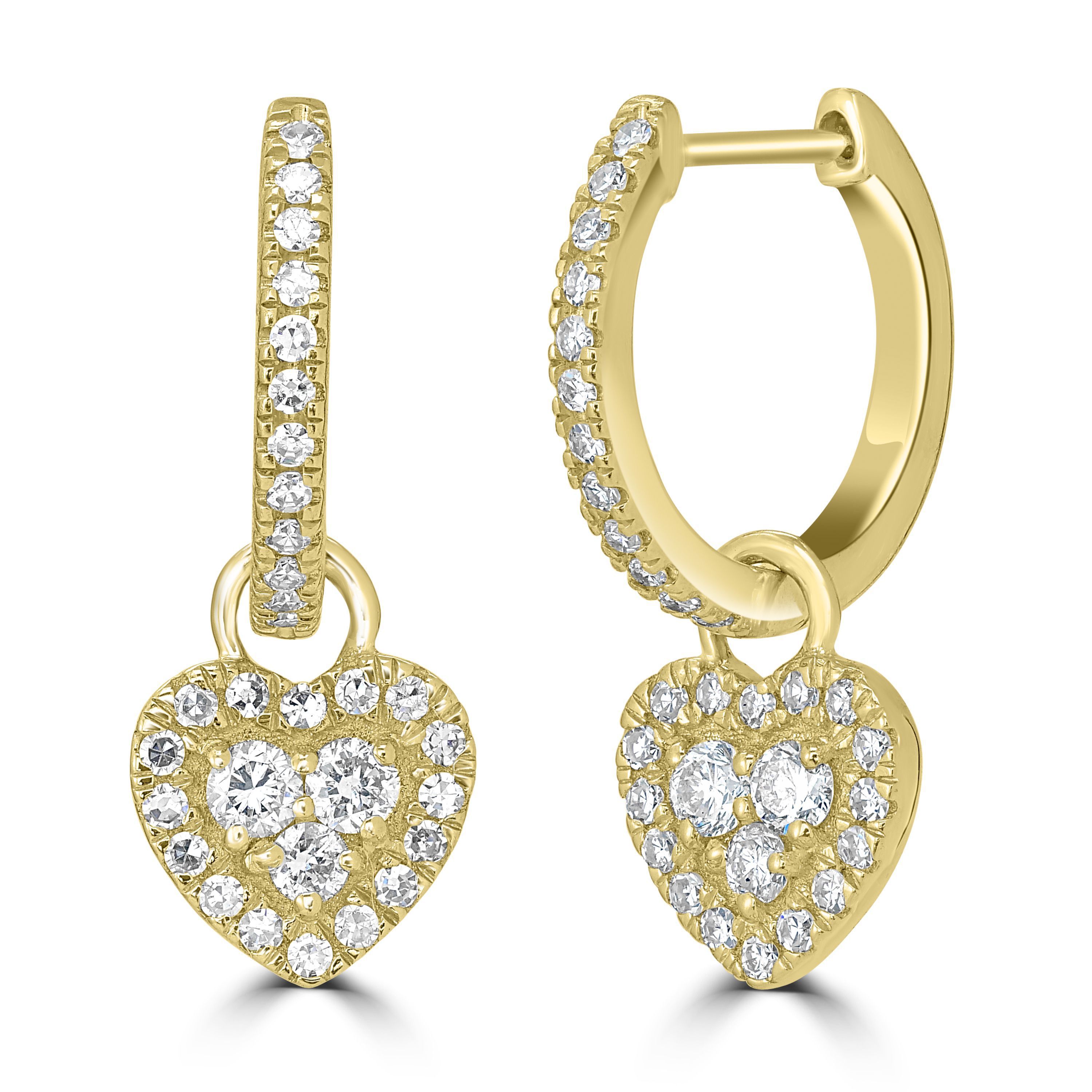 3/8 ct. t.w. Diamond Heart Charm Hoop Earrings in 14K Yellow Gold