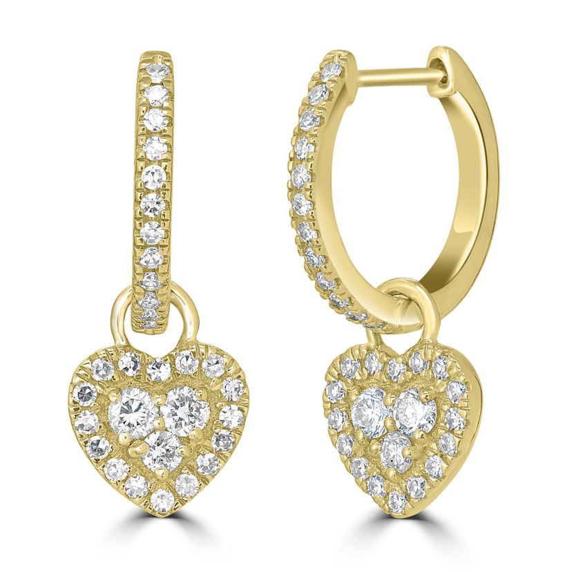 3/8 ct. t.w. Diamond Heart Charm Hoop Earrings in 14K Yellow Gold