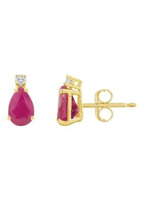 14K Gold 7x5 Pear Shape Ruby Diamond Accent Earrings