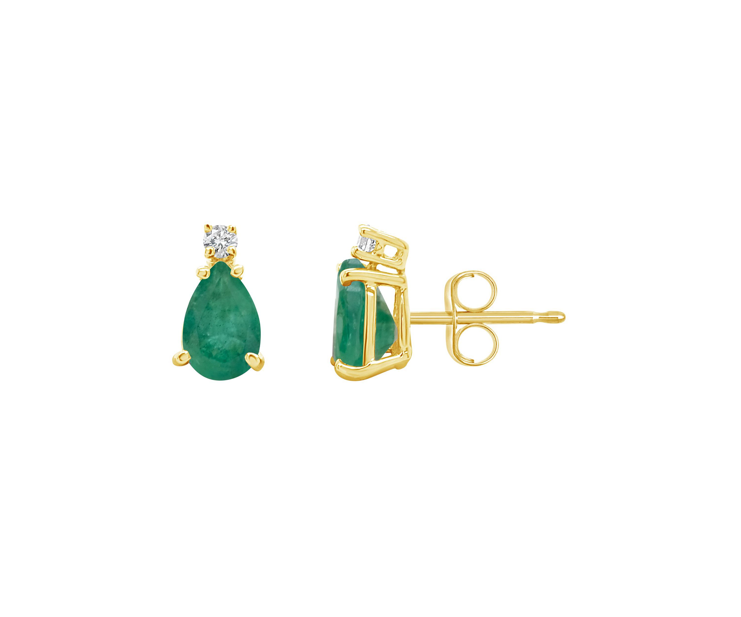 14K Gold 7x5 Pear Shape Emerald Diamond Accent Earrings