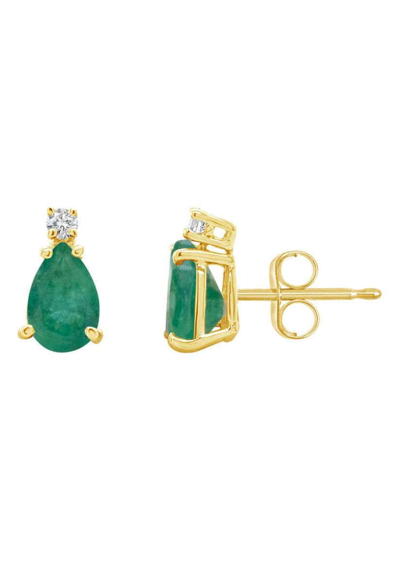 14K Gold 7x5 Pear Shape Emerald Diamond Accent Earrings