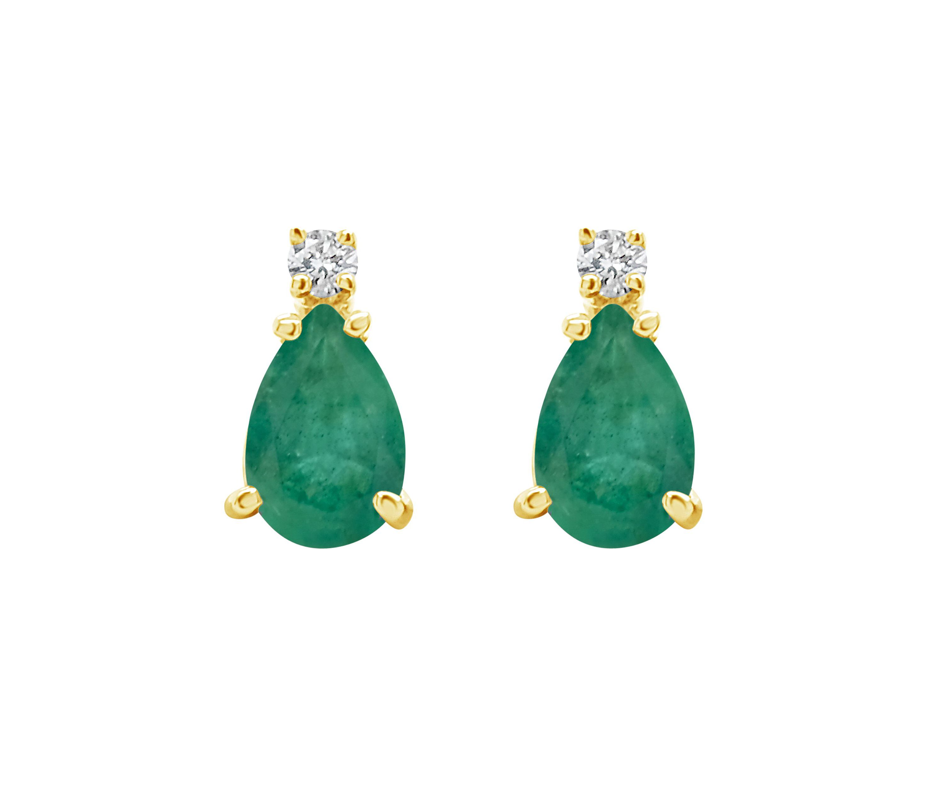 14K Gold 7x5 Pear Shape Emerald Diamond Accent Earrings