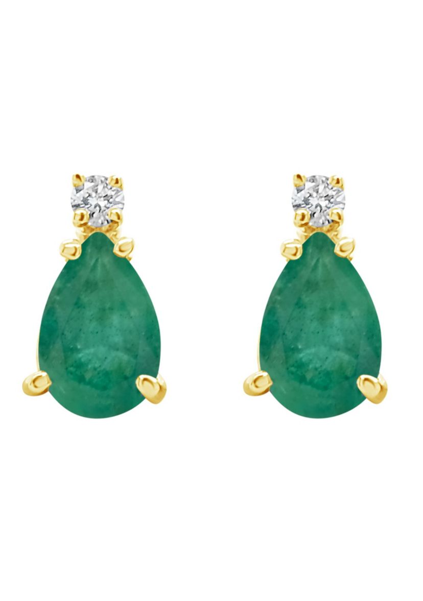 14K Gold 7x5 Pear Shape Emerald Diamond Accent Earrings
