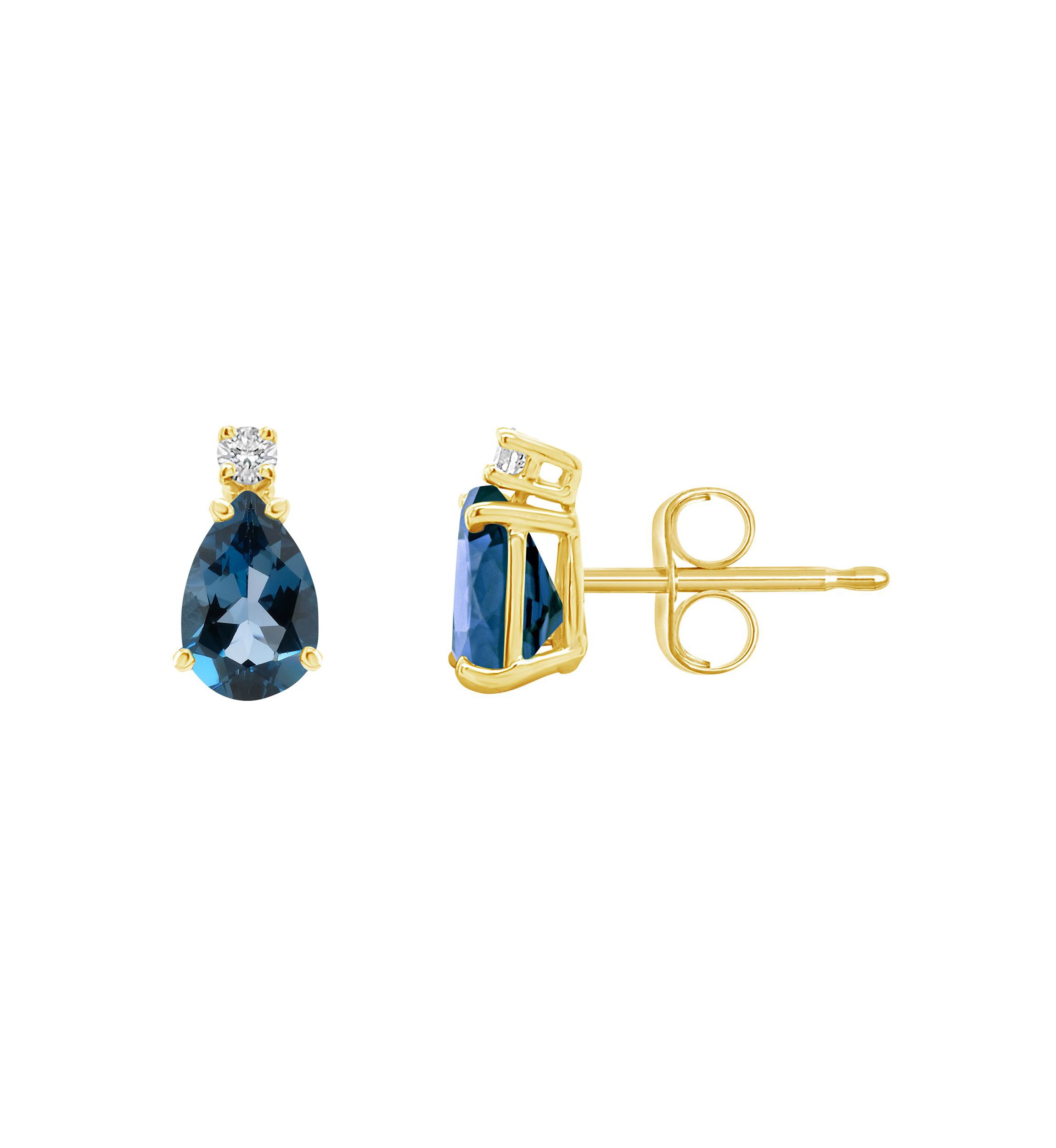 14K Gold 6x4 Pear Shape London Blue Topaz Diamond Accent Earrings