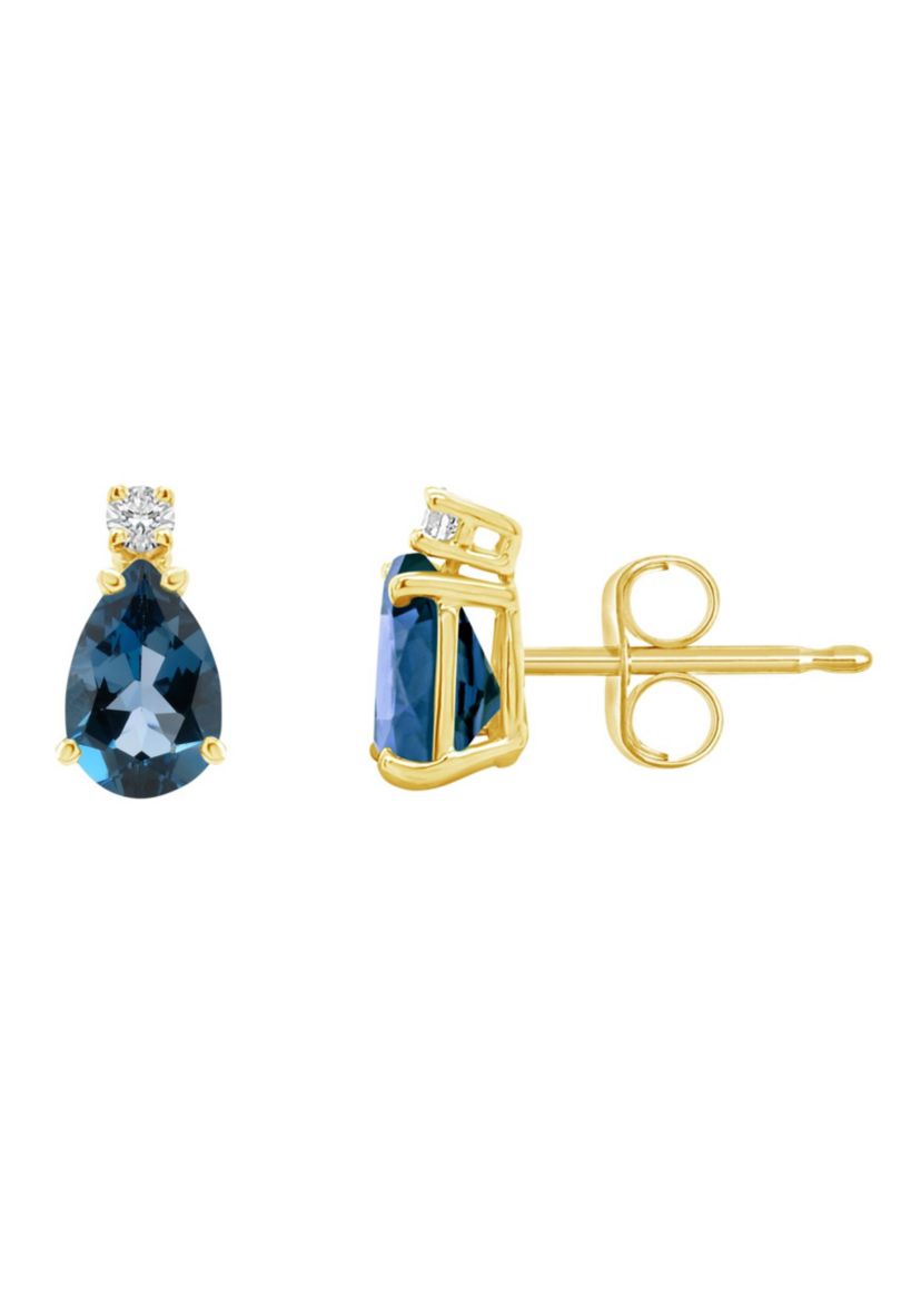 14K Gold 6x4 Pear Shape London Blue Topaz Diamond Accent Earrings