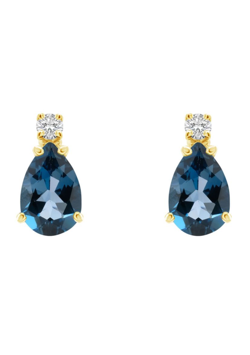 14K Gold 6x4 Pear Shape London Blue Topaz Diamond Accent Earrings