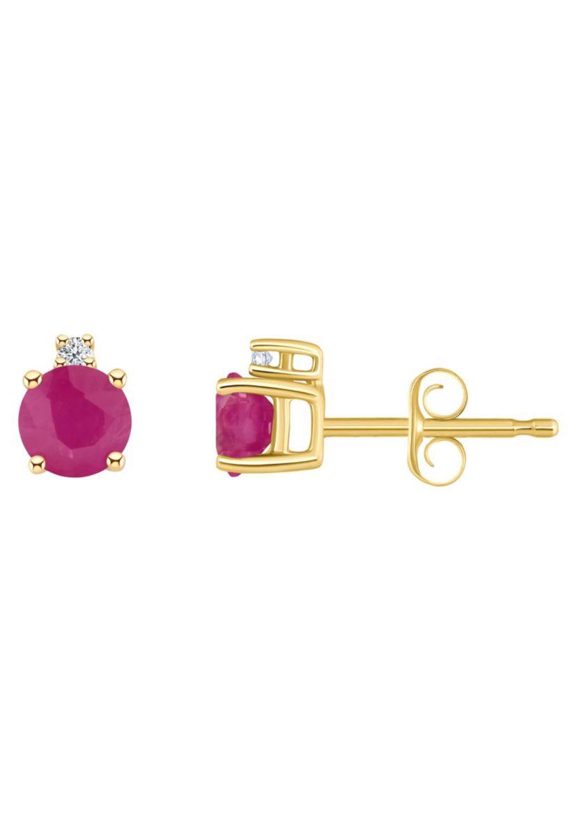 14K Gold 4mm Round Ruby Diamond Accent Earrings