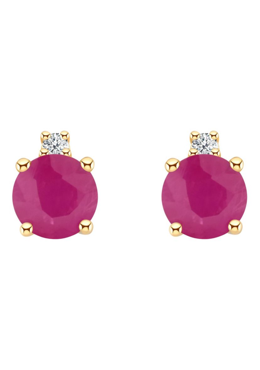 14K Gold 4mm Round Ruby Diamond Accent Earrings