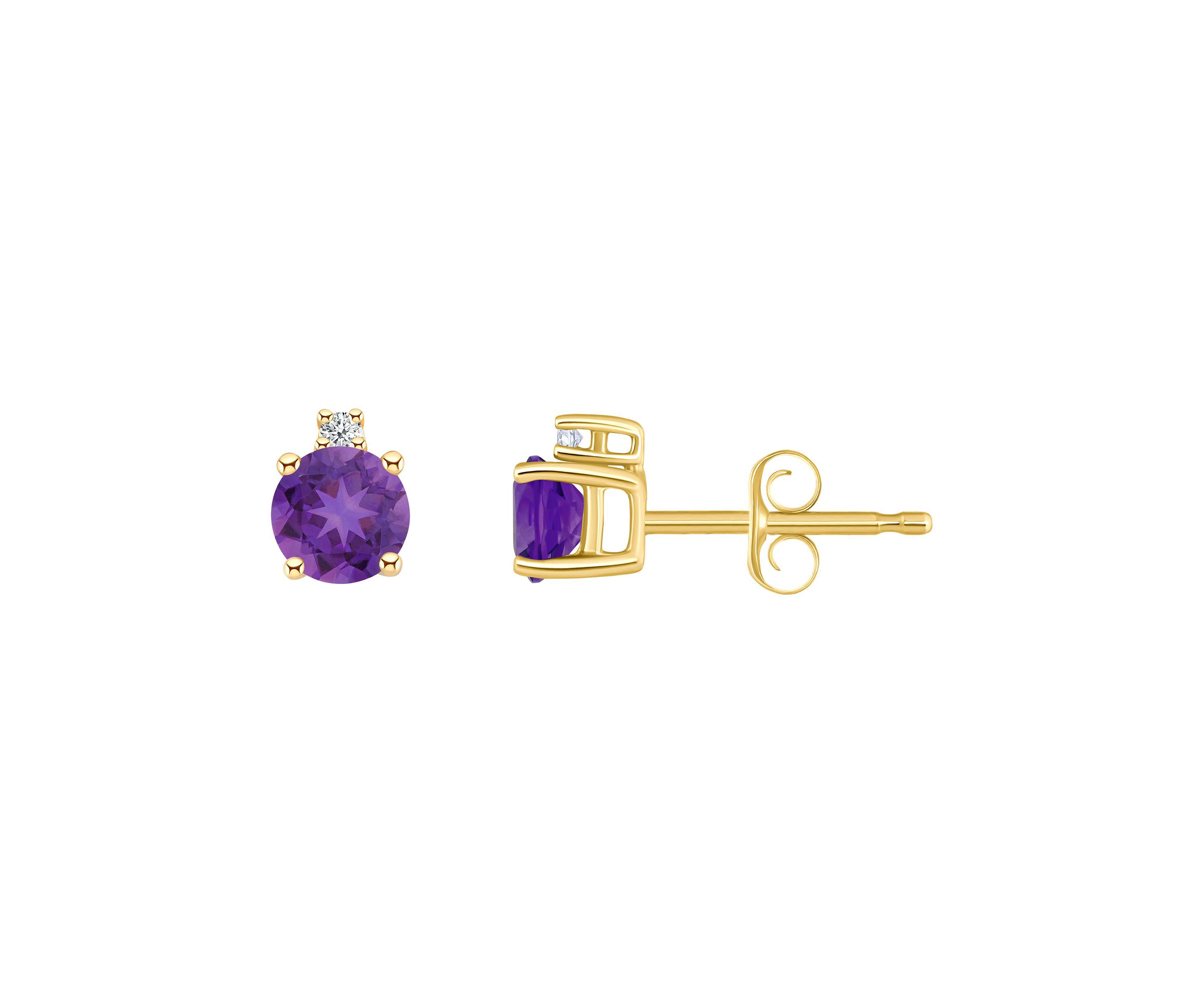 14K Gold 4mm Round Amethyst Diamond Accent Earrings