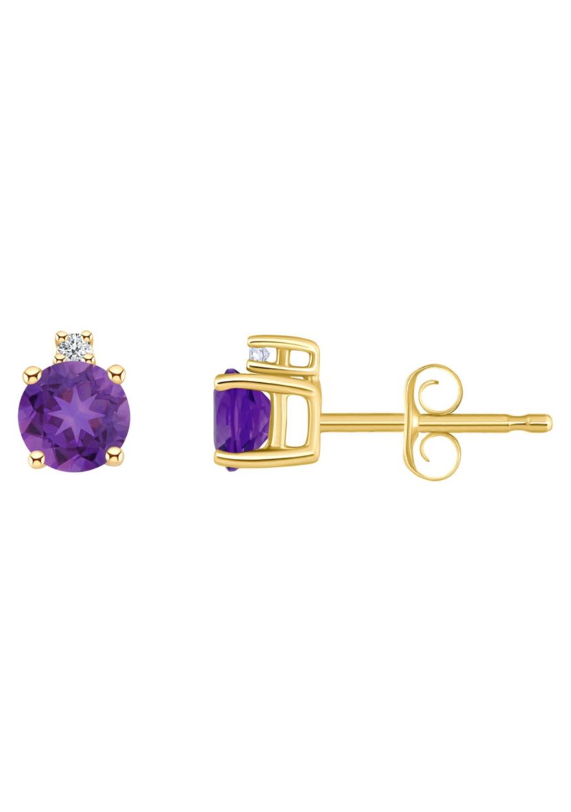 14K Gold 4mm Round Amethyst Diamond Accent Earrings