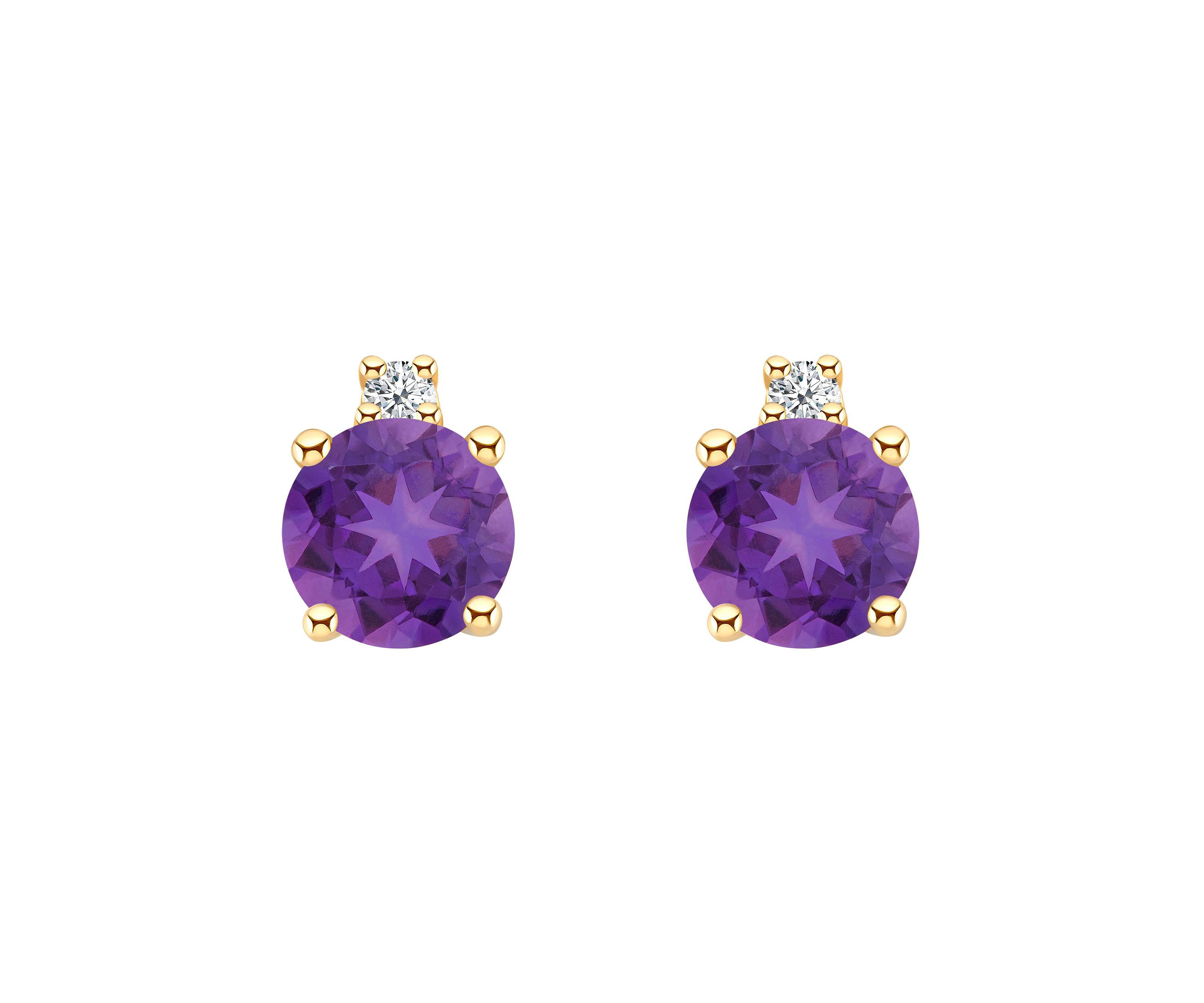 14K Gold 4mm Round Amethyst Diamond Accent Earrings