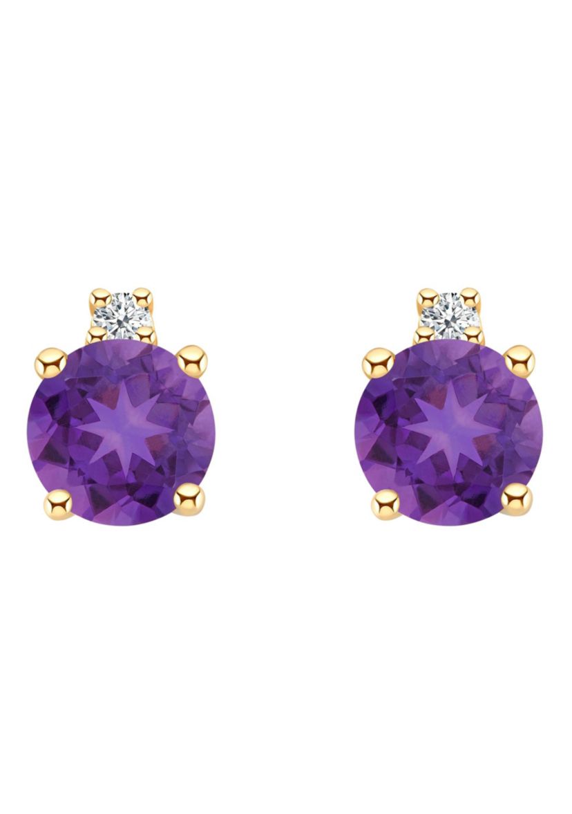 14K Gold 4mm Round Amethyst Diamond Accent Earrings