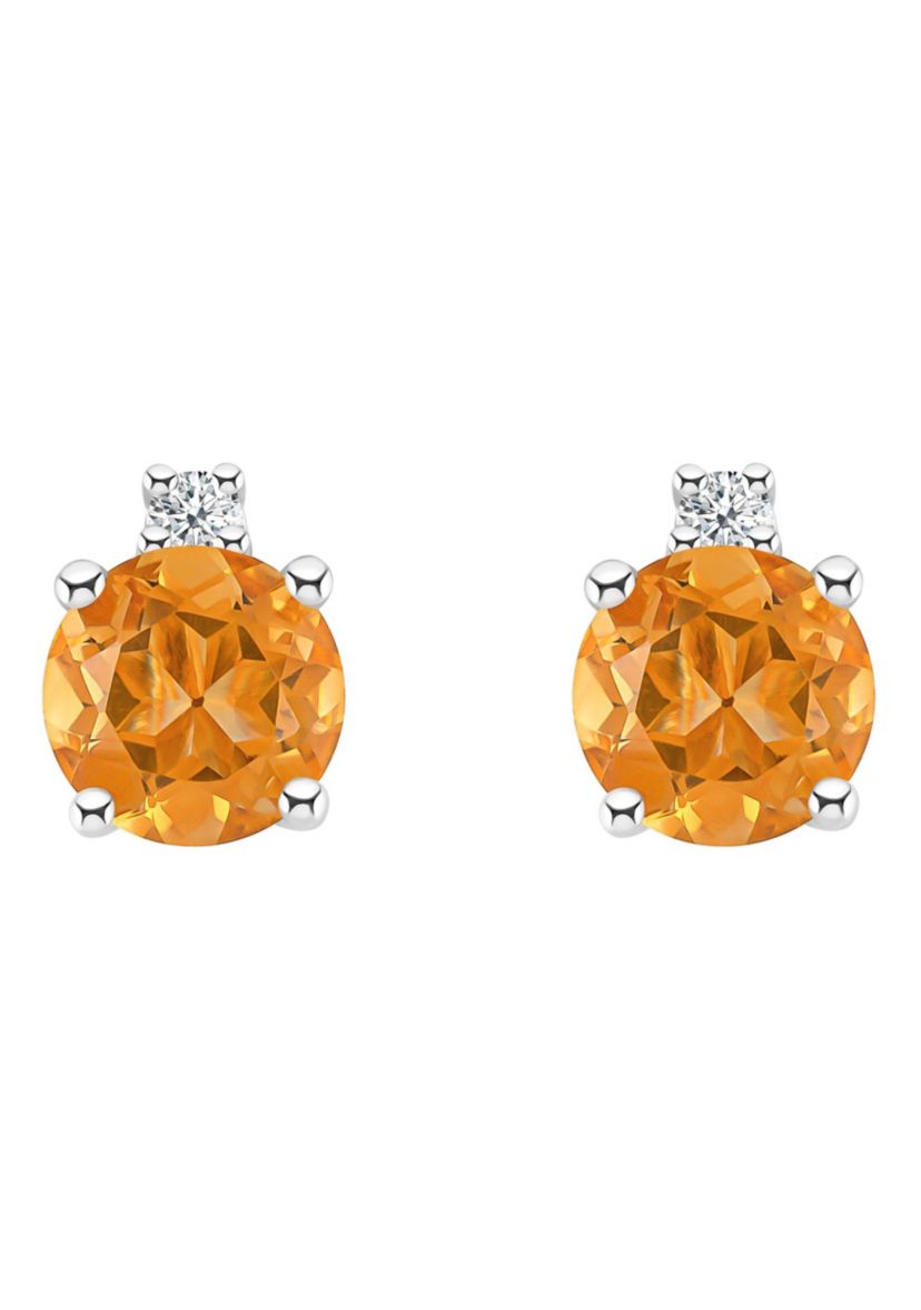 14K Gold 4mm Round Citrine Diamond Accent Earrings