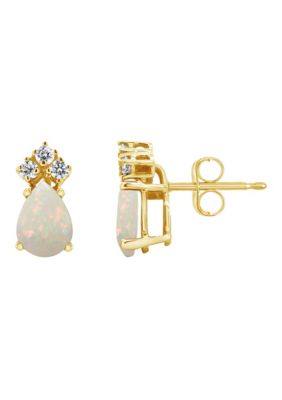 14K Gold 7x5 Pear Shape Opal 1/8 Cttw Diamond Earrings