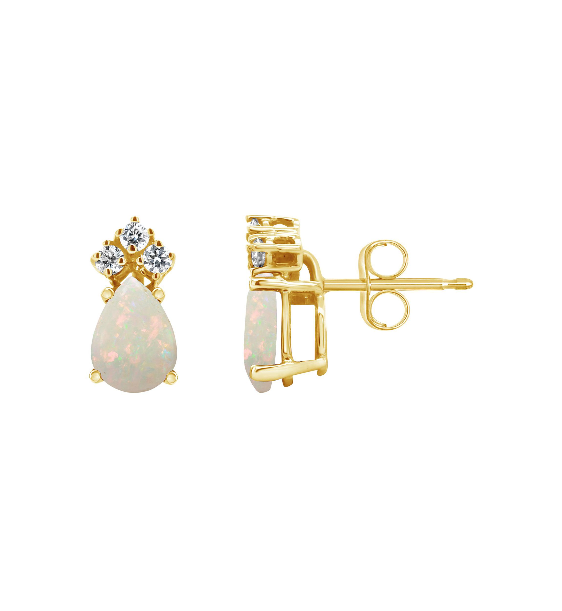 14K Gold 7x5 Pear Shape Opal 1/8 Cttw Diamond Earrings