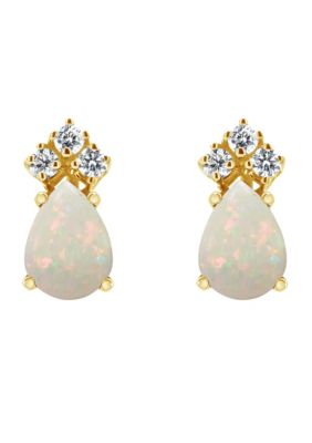 14K Gold 7x5 Pear Shape Opal 1/8 Cttw Diamond Earrings