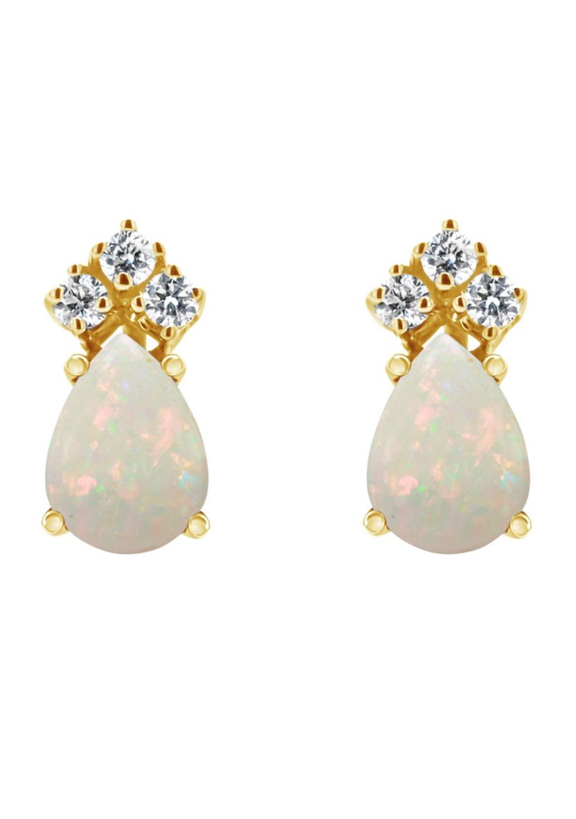 14K Gold 7x5 Pear Shape Opal 1/8 Cttw Diamond Earrings