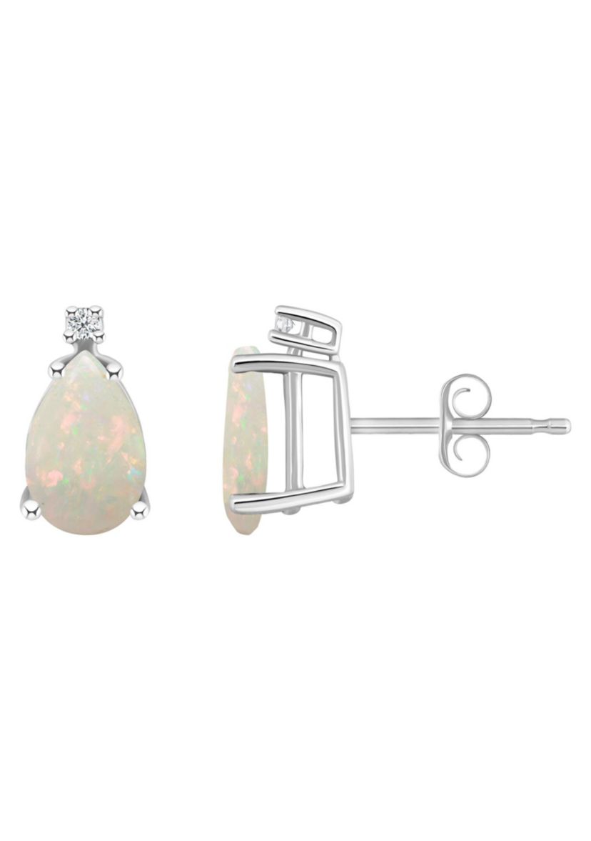 14K Gold 8x5 Pear Shape Opal Diamond Accent Earrings