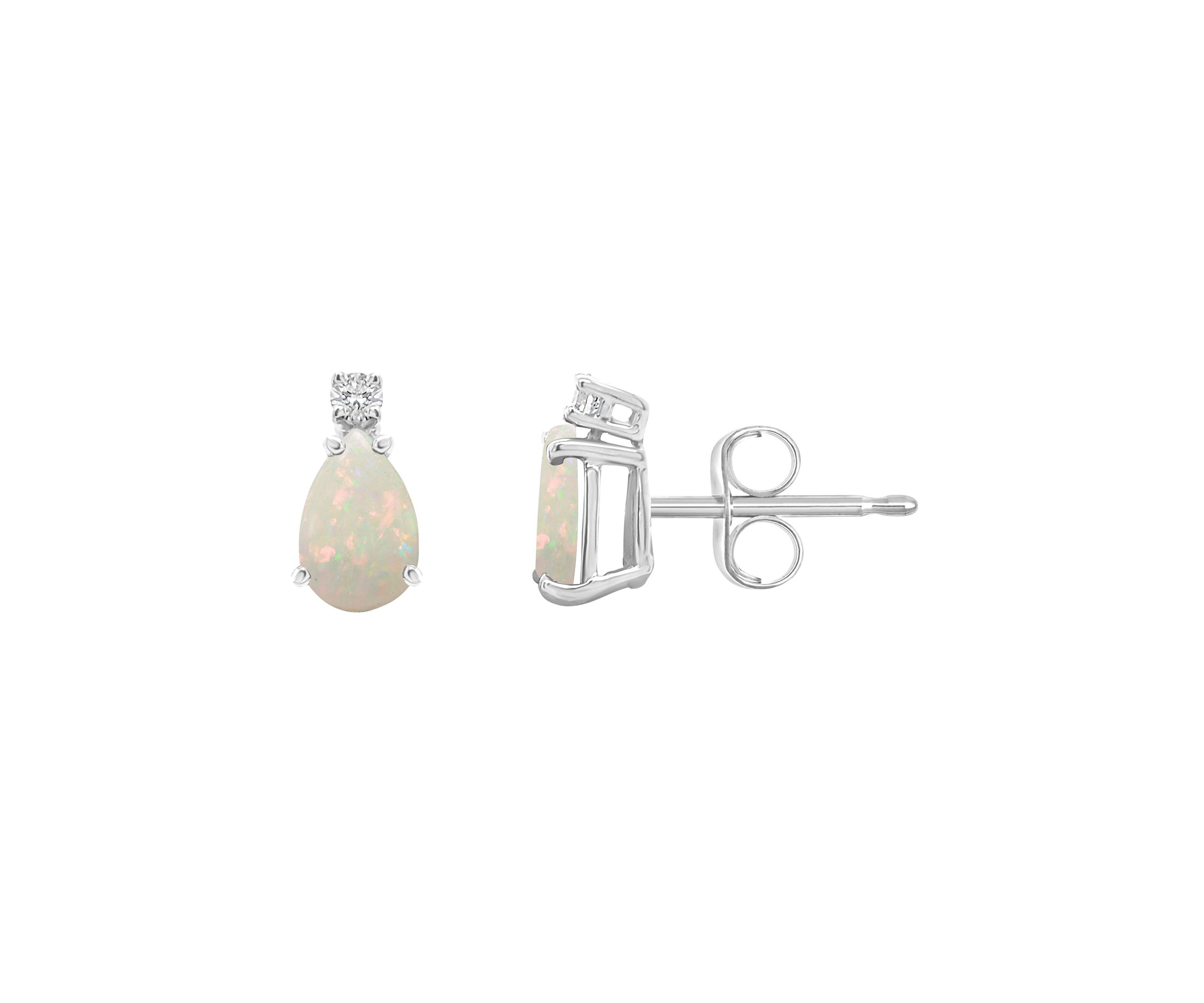14K Gold 6x4 Pear Shape Opal Diamond Accent Earrings