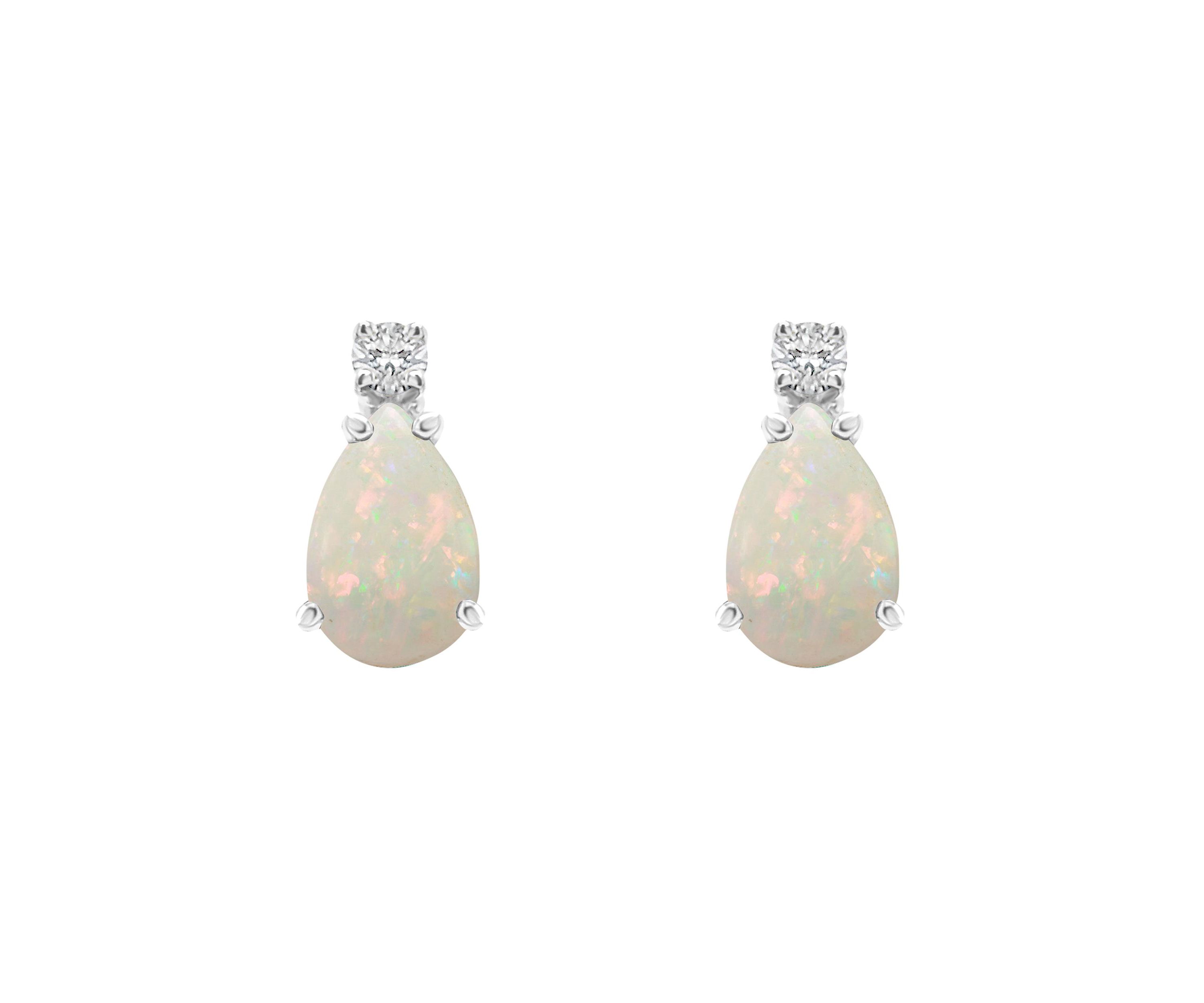 14K Gold 6x4 Pear Shape Opal Diamond Accent Earrings