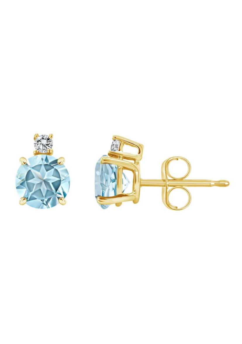 14K Gold 5mm Round Aquamarine Diamond Accent Earrings