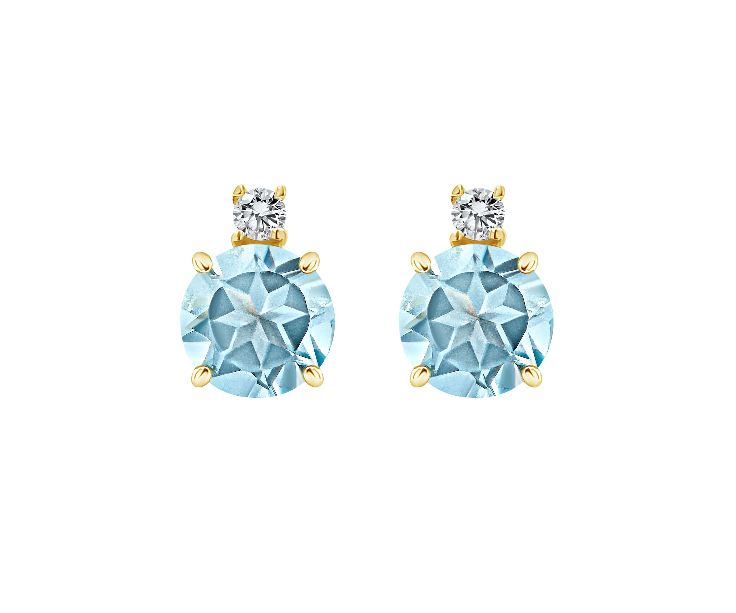 14K Gold 5mm Round Aquamarine Diamond Accent Earrings