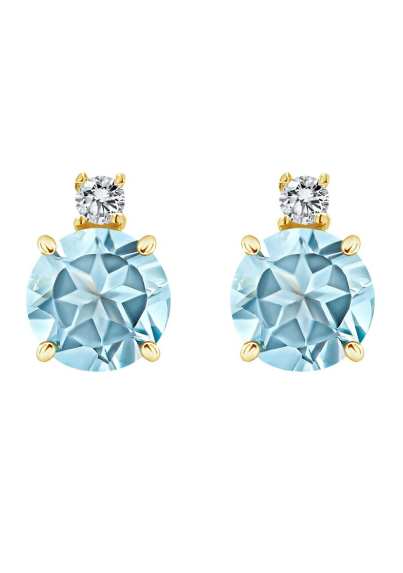 14K Gold 5mm Round Aquamarine Diamond Accent Earrings