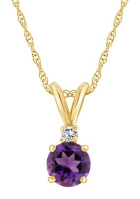 14K Gold 5mm Round Amethyst Diamond Accent Pendant