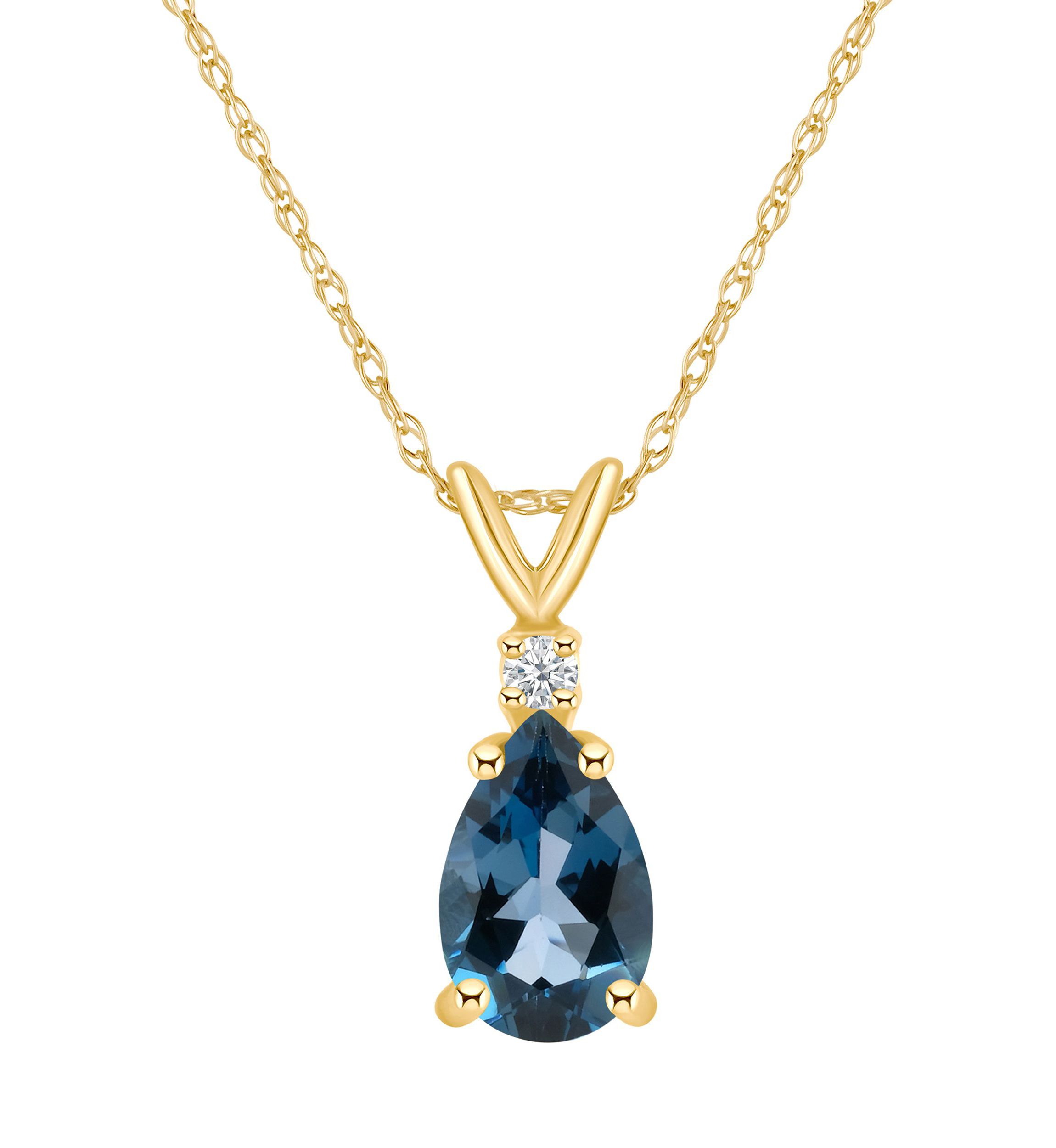 14K Gold 8x5 Pear Shape London Blue Topaz Diamond Accent Pendant
