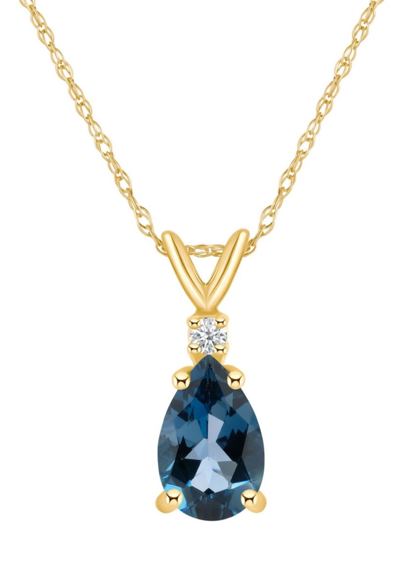 14K Gold 8x5 Pear Shape London Blue Topaz Diamond Accent Pendant
