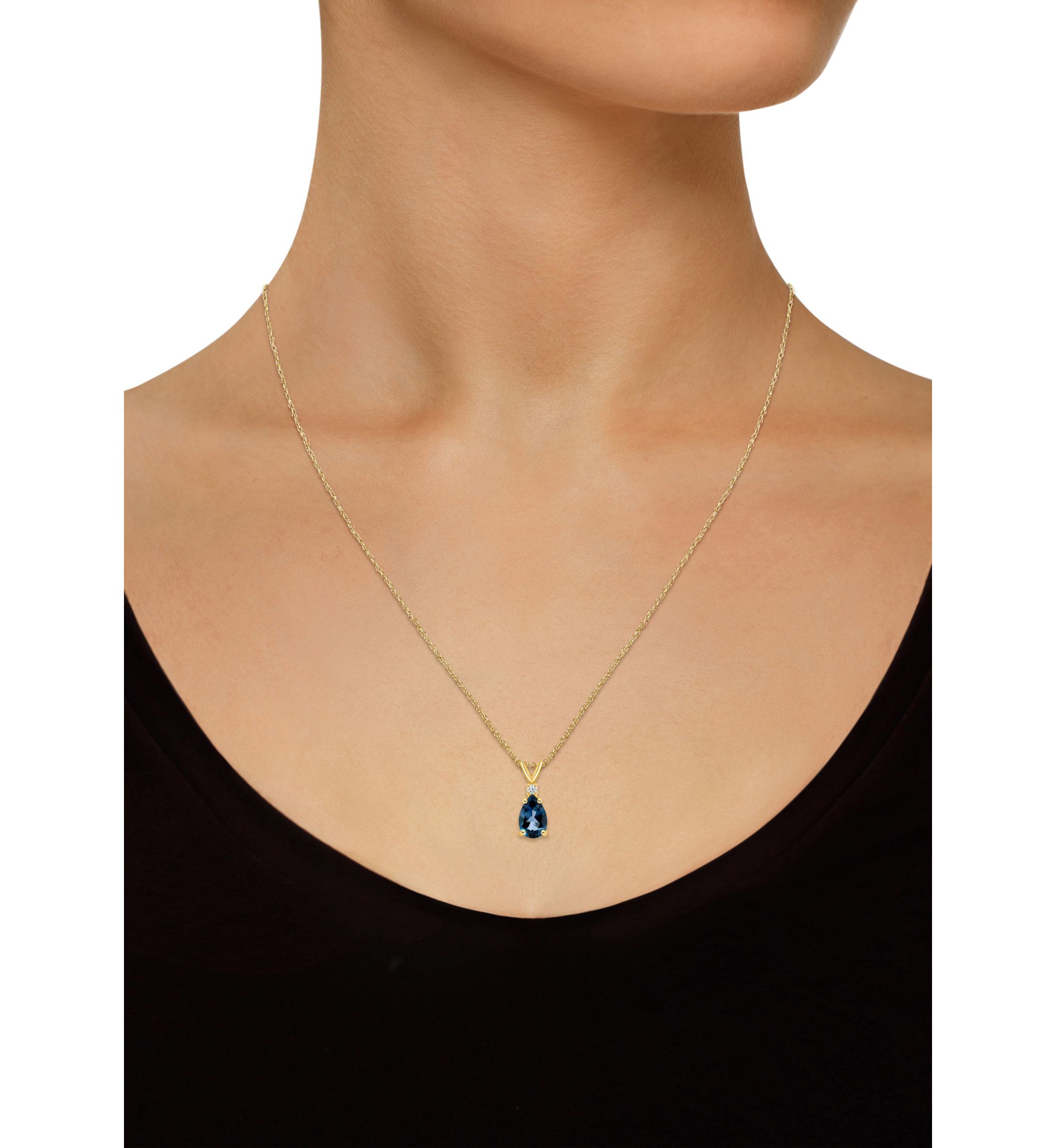 14K Gold 8x5 Pear Shape London Blue Topaz Diamond Accent Pendant