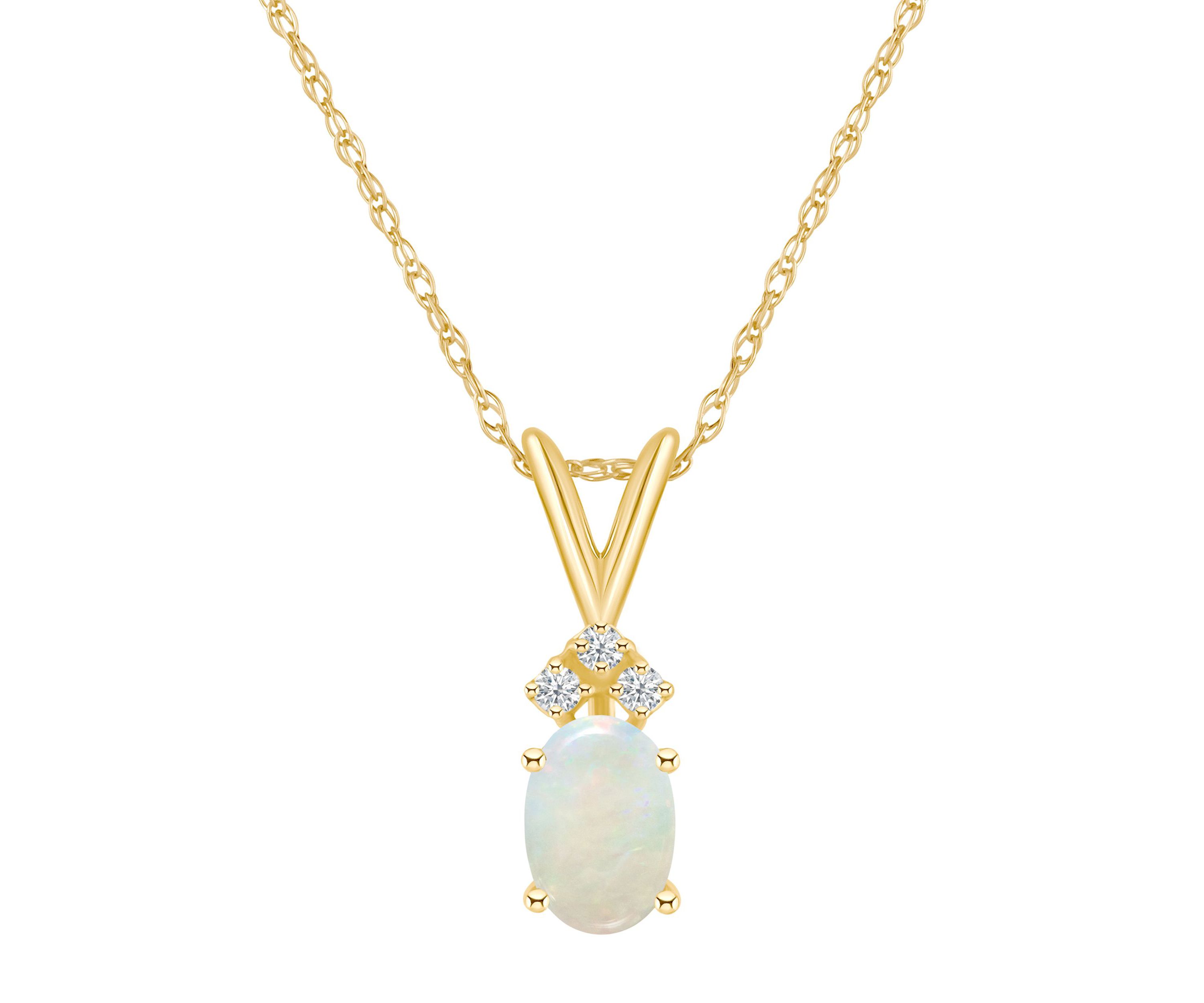 14K Gold 7x5 Oval Opal Diamond Accent Pendant