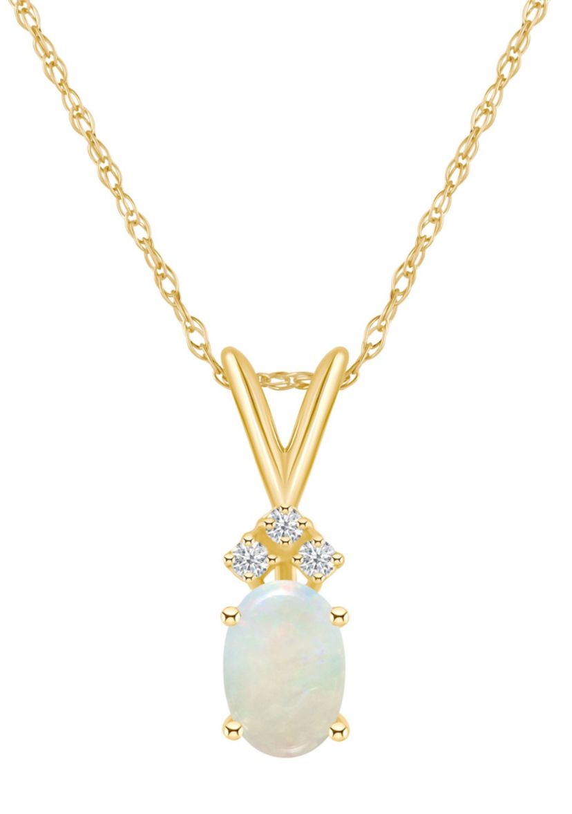 14K Gold 7x5 Oval Opal Diamond Accent Pendant
