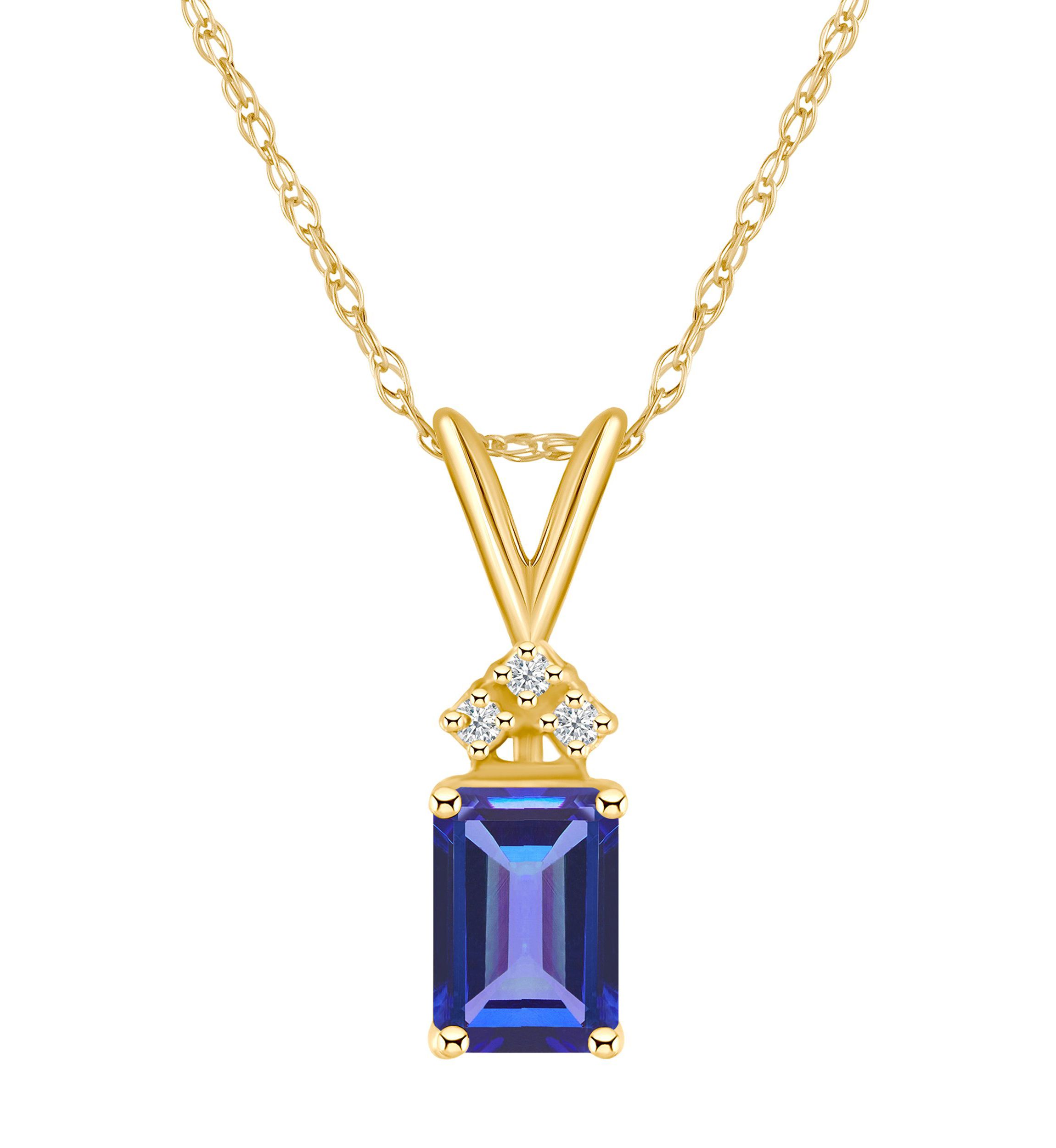 14K Gold 7x5 Emerald Cut Tanzanite Diamond Accent Pendant