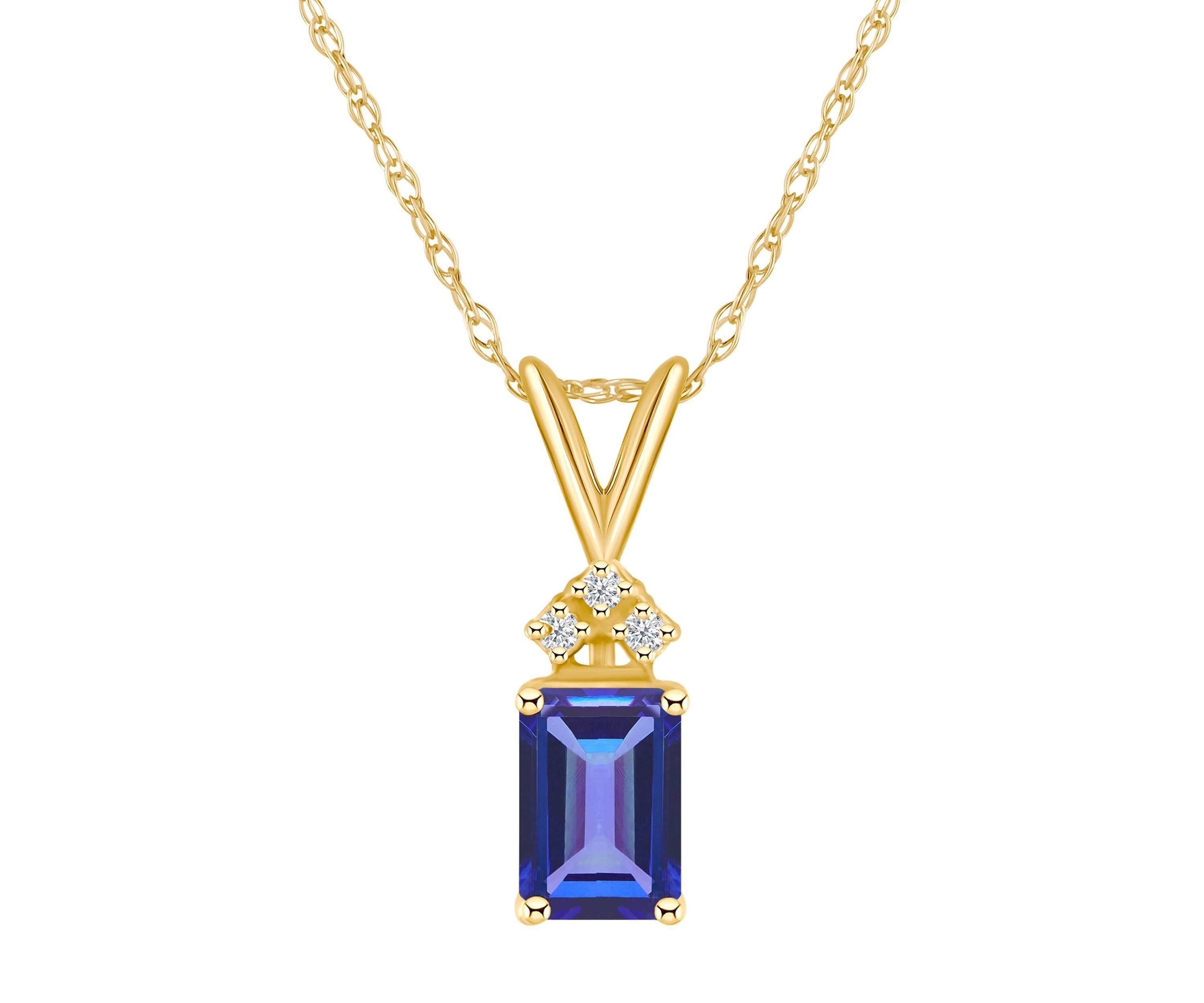 14K Gold 7x5 Emerald Cut Tanzanite Diamond Accent Pendant