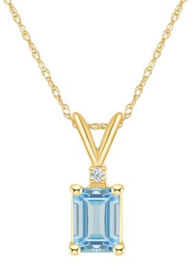 14K Gold 7x5 Emerald Cut Aquamarine Diamond Accent Pendant